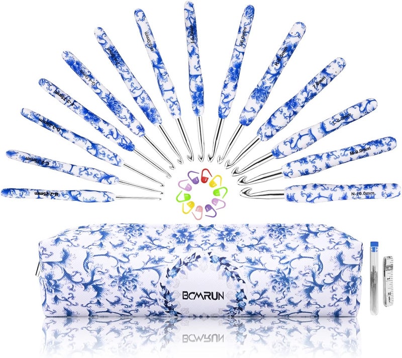 BCMRUN Crochet Hooks Set with Case 14 Size Blue and White Porcelain Pattern for Arthritis Hands, 2.25mm(B)-10mm(N) Crochet Needles for Beginners, Mothers Day Gift, Crochet Lovers (Azure) - Image 1